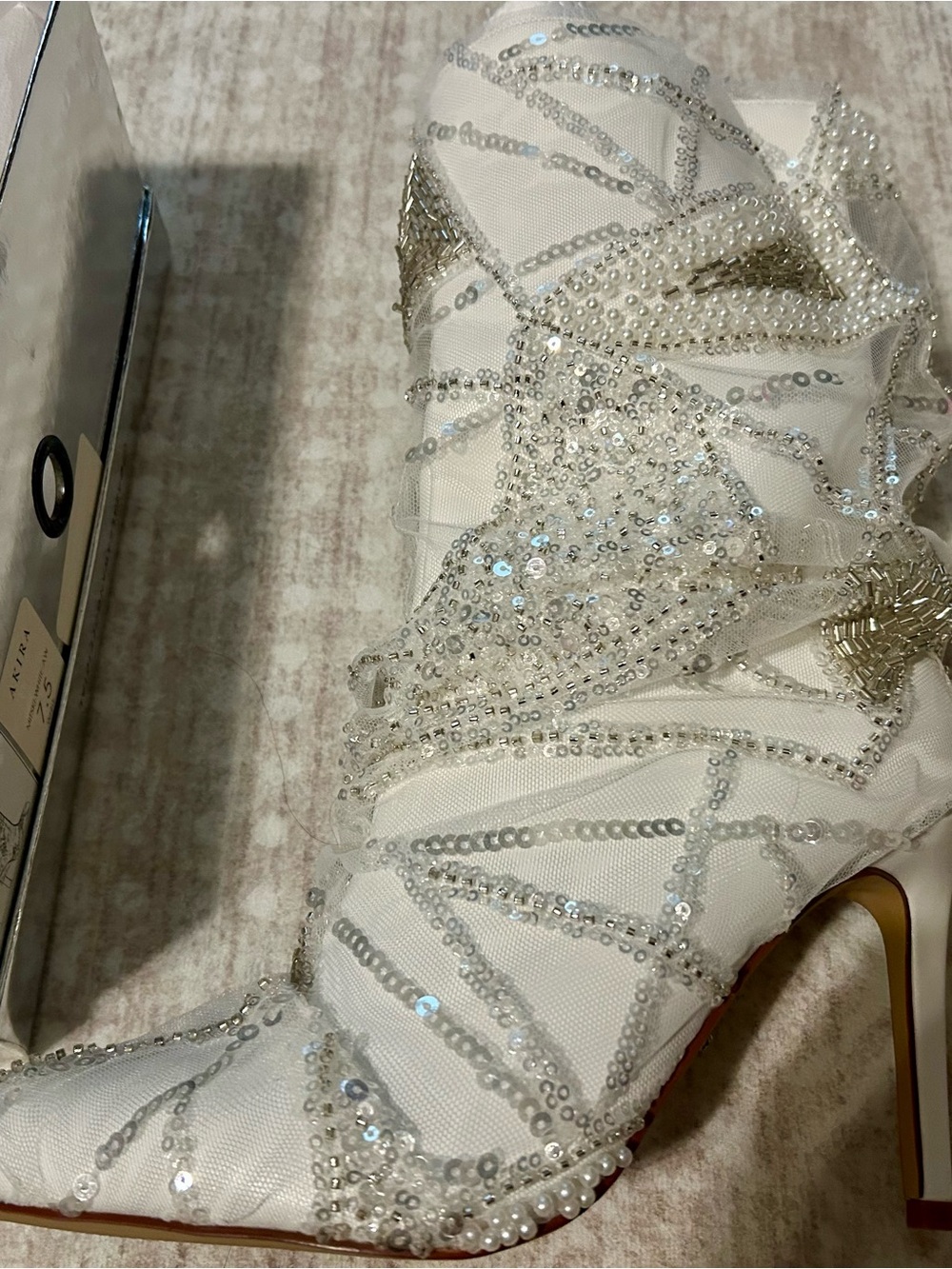 Beautiful Azalea Wang White Sequin & Pearl Embellished High Heel Boot